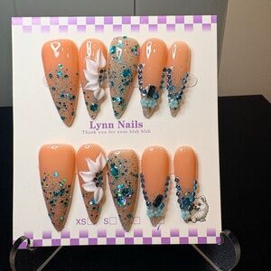 Peach Glitter & Teal Rhinestone Press-On Nail Set